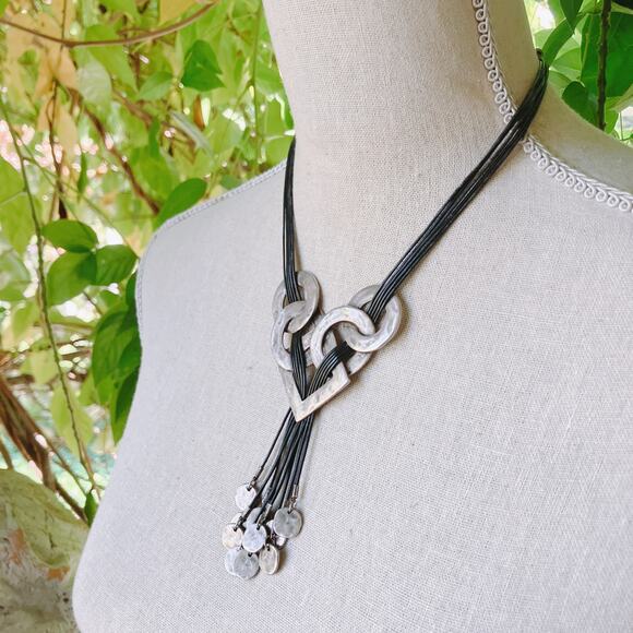 Chunky Chico’s Brutalist Statement Necklace Silver Tone Geometric Coin Tassels - Picture 3 of 14